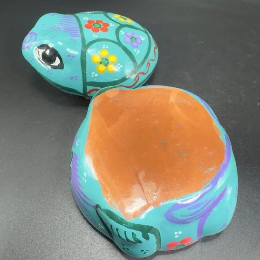 Mexican RedWare Pottery Painted Frog Trinket Holder Jewelry Holder Turquoise VTG
